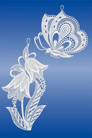 Plauener Spitze Fensterbild Glockenblume mit Schmetterling