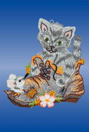 Plauener Spitze Fensterbild Katze im Schuh
